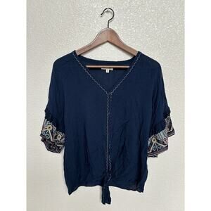 Max Studio navy blue blouse womens small boho hippie cowgirl embroidered button